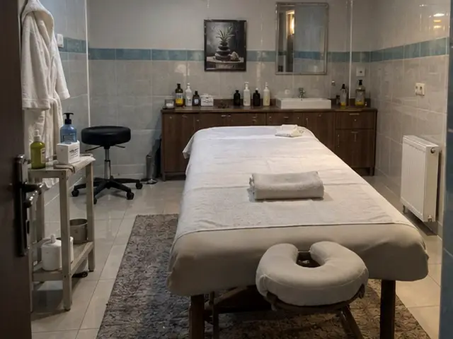 Lavabolu, raflı odada hazır masaj masası — Güvercintepe, Masaj Salonun